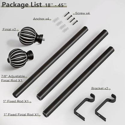Black Curtain Rods for Windows 28 to 48 Inch, 1'' Adjustable Heavy Duty Curtain Rod，Vintage Decorative Drapery Rods with Pumpkin Finials for Bedroom Living Room