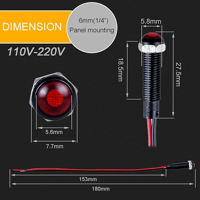 5pcs 6mm LED Indicator Light Plastic Black Signal Dot Lamp 110-220VAC 1/4" Mounting Hole Size with 15cm/5.9in. Wire (Mix:Red White Yellow Blue Green)