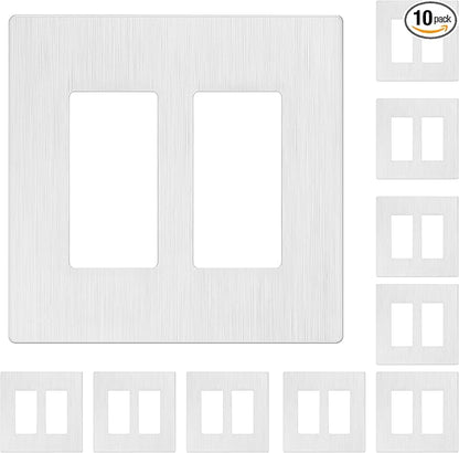 LIDER Brushed Finish Double Decorator Switch Cover, Screwless Wall Plate, Mid-Size 2-Gang 4.88" x 4.92", Unbreakable Polycarbonate Thermoplastic, UL Listed, LSWP-32M-BW10P, Brushed White, 10 pack