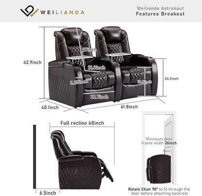 Weilianda Home Theater Seating Top Grain Leather Zero Gravity Recliner Chair Power Headrest Recline Movie Seat Gaming 7 Colors Mood Light Sofa with Tray Table USB Charge Row of 2 Brown