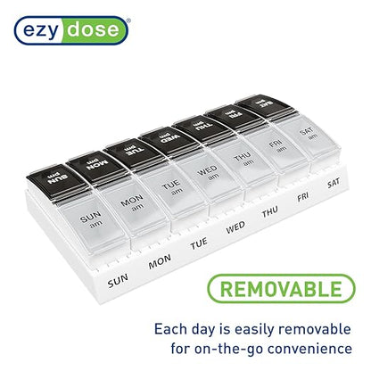 EZY DOSE Weekly (7-Day) Daily AM/PM Pill Case, Medicine Planner, Vitamin Organizer, Supplement Container, Small Pop-out Compartments, Designed for Travel, 2 Times a Day, Black and Clear Lids