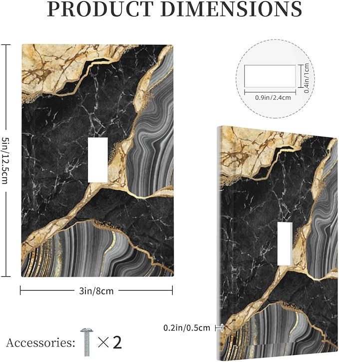 Decorative Light Switch Plate Covers Modern Abstract Black Gold Marble 1 Gang Light Switch Cover Plate Single Toggle Wall Plate Outlet Covers Faceplate for Bathroom Decor （2 Pack）