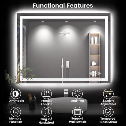 40X30 LED Bathroom Mirror with Lights, Anti-Fog, Backlit + Front Lit, Lighted Bathroom Vanity Mirror for Wall, Memory Function, Dimmable, Tempered Glass, Shatter-Proof