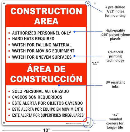 Brimar - 10" x 14" - Bilingual Construction Area Rules Sign - .055″ Polyethylene Plastic - Bilingual Design - Easy Installation