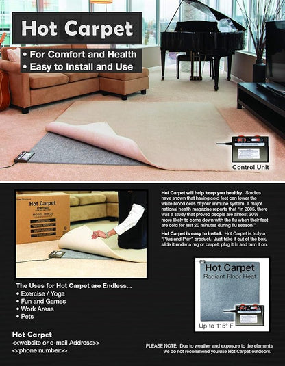 Hot Carpet High Heat Retention Felt Under Rug Instant Radiant Floor Heater Electric Mat Electric Heated Area Rug (720.2 watt Extra Thick Mat) Made in Seattle WA