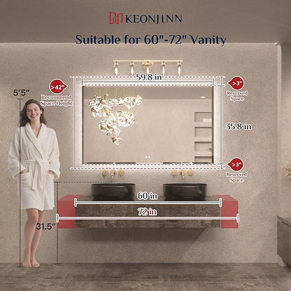 Keonjinn 60 x 36 Inch Oversized Backlit Bathroom Mirror, Large LED Mirror for Bathroom, Decorative Beveled Edge, Tempered Glass, UL-Listed, 3 Color Lights, Defogging, Lighted Wall Mount Vanity Mirror
