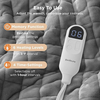 Bedsure Heated Blanket Throw Blanket - Quilted Electric Blanket, Soft Flannel Thick Heating Blanket with 4 Time Settings & 6 Heating Settings, Warm Gifts for Women Men (50x60 inches, Formal Gray)