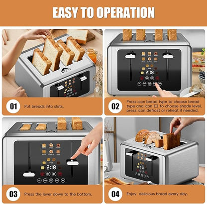 4 Slice Toaster, Touchscreen & Dual Independent Control Panel，5 Basic Functions & Digital Countdown Toasters, 6 Shade Settings＆6 Bread Types, Smart Bread Maker Mute/Screen-Off,Platinum