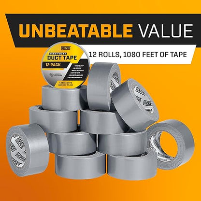 Lockport Duct Tape Heavy Duty Waterproof - 30 Yards x 2 Inch - 12 Roll Pack Silver Duct Tape Bulk Pack - No Residue, Flexible, Strong, All-Weather and Easy Tear - Grey Heavy Duty