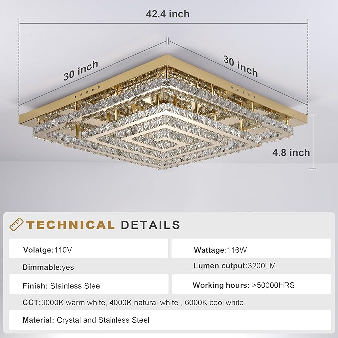 43" Modern Gold Crystal Chandelier with Remote/App Control, Dimmable Flush Mount Ceiling Light Fixture,3-Color Temperature, Led Ceiling Lamp for LivingRoom Bedroom Kitchen DiningRoom Entryway