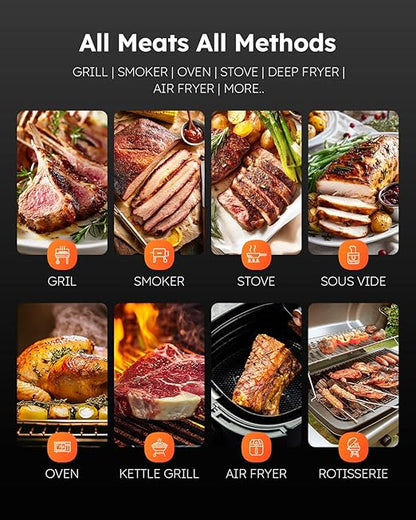 Smart Wireless Meat Thermometer with Ultra-Thin Probe, Digital Food Thermometer 0.5S Instant Read, 600FT Bluetooth Range Real-Time Monitoring & Smart Alerts for BBQ, Grill, Smoker, Oven, Air Fryer