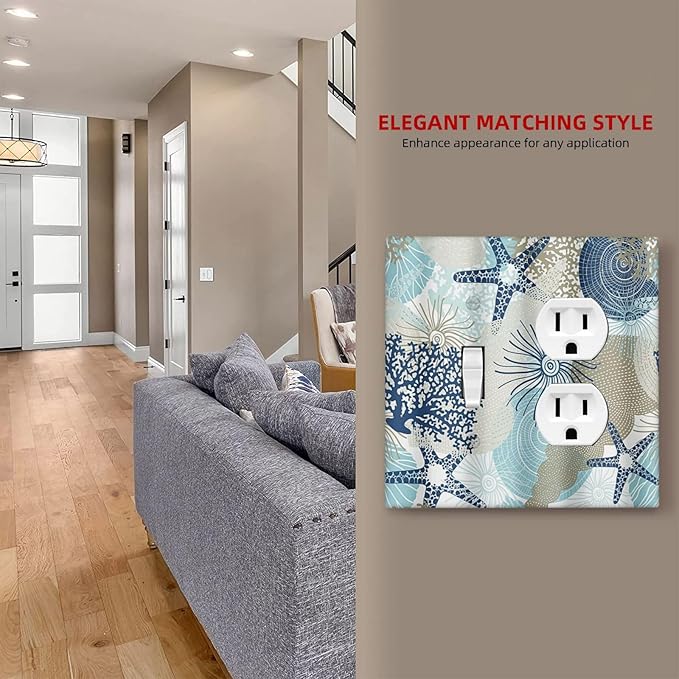 Decorative Outlet Covers Blue Starfish Brown Coral Ocean 2 Gang Light Switch Cover Plate Single Toggle Duplex Wall Plates for Electrical Outlets Switch Plate Covers for Girlroom Home Decor