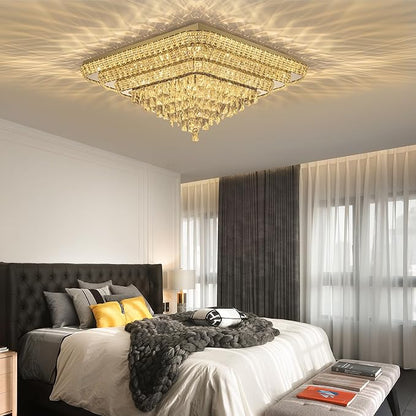 Elegant LED Gold Crystal Raindrop Ceiling Light,30 Inch Square Flush Mount Chandelier with Remote for Living Room Kitchen Island Bedroom Hallway Entryway Foyer (Dimmable)
