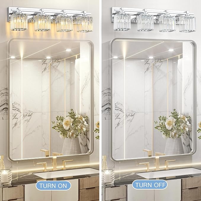 Crystal Bathroom Light Fixtures, 4 Light Chrome Vanity Lighting Over Mirror with Crystal Shades, Modern Bathroom Vanity Light for Restroom, Bath, Cabinet and Powder Room