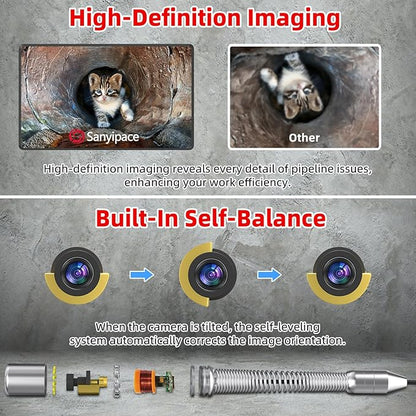 Sanyipace Sewer Camera 100FT/30M with 512Hz Transmitter, Drain Camera Pipe Inspection Camera with Self-Leveling, Clear Meter Marks, IP68 Waterproof, 9" HD Color Screen, Video Record up to 128GB