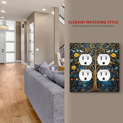 Decorative Outlet Covers Gold Tree of Life Blue Bird Yellow Flower 2 Gang Wall Plate Double Duplex Light Switch Cover Switch Plate Covers Faceplate for Bedroom Home Decor