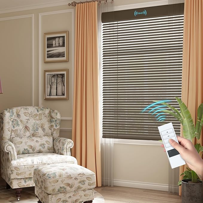 Motorized Cordless Aluminum Blinds with Remote, Automatic Room Darkening Horizontal Blinds for Indoor Windows, Light Adjustment Waterproof Blinds, Customized for Home Office, Brown