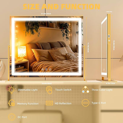 Vanity Mirror with Lights, 24'' x 20'' Lighted Makeup Mirror, Touch Screen with 3-Color Lighting, Dimmable for Vanity Desk Tabletop Square Gold