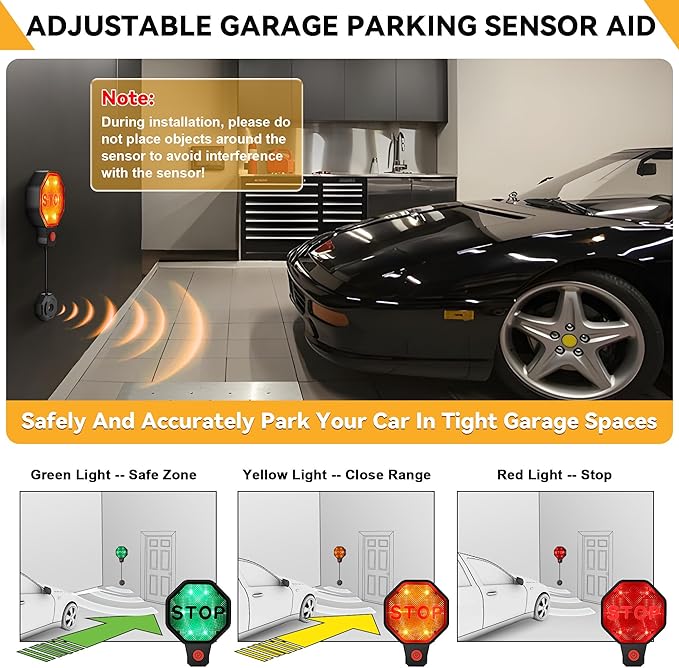 Adjustable Garage Parking Sensor Aid with with Red/Yellow/Green LED Display, Garage Parking Aid Set Stop Distance 6"–6 ft, Battery (Not Included) or USB Powered, No-Drill Installation(Black)