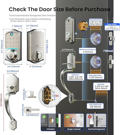 Veise VE017-H Fingerprint Smart Front Door Lock Set, App Control, Keyless Entry Deadbolt with Handle, Smart Deadbolt, Emergency Power Port, Touchscreen Keypad, Auto Lock, Easy Install, Satin Nickel