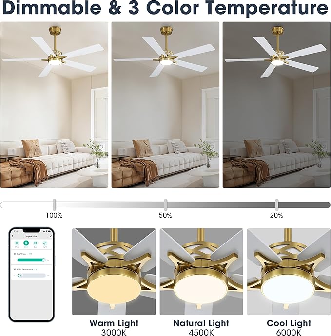 WINGBO 52" Smart Ceiling Fan with Lights, 5 Plywood Blades, 6 Speeds Reversible DC Motor, Works with Alexa and Google Assistant, 3CCT Dimmable LED Ceiling Fan for Bedroom Living Room, Brass and White