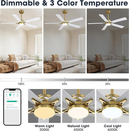 WINGBO 52" Smart Ceiling Fan with Lights, 5 Plywood Blades, 6 Speeds Reversible DC Motor, Works with Alexa and Google Assistant, 3CCT Dimmable LED Ceiling Fan for Bedroom Living Room, Brass and White