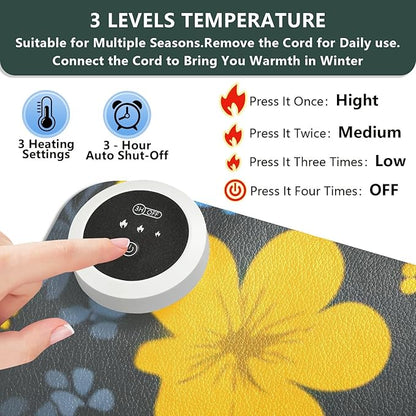 Heated Desk Pad Mouse Pad 31.5x13 Inch PU Leather Desk Mat with 3 Heat Levels Large Mouse Gaming Computer Laptop Mat Blue Floral Fragments and Bees
