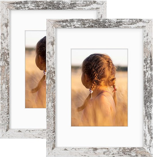 Golden State Art, 9x12 Picture Frame with Mat for 6x8 - High Definition Glass Wall Mounting Horizontal Vertical Display (Weathered White, 2 Pack)