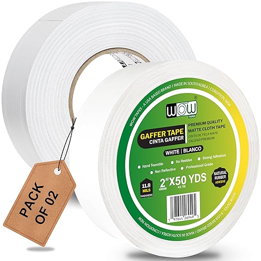 Wow Gaffers Tape 2 Inch White - 50 Yards (Pack of 2), Residue Free, Non-Reflective & Heavy-Duty - Professional Grade Gaff Tape - Ideal for Photography Backdrop, Cables, Cords & Floor Taping