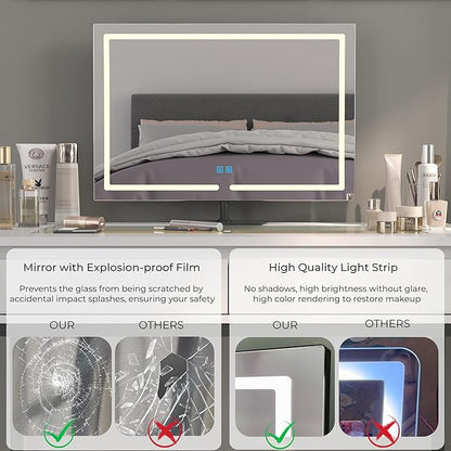 Vanity Mirror with Lights, 23.27 x 17.7 Inch LED Makeup Mirror, Lighted Makeup Mirror with Dimmable 3 Modes, Smart Touch Control, Aluminum Frame and Tempered Glass Base, Bronze