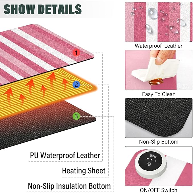 Heated Desk Pad Mouse Pad 31.5x13 Inch PU Leather Desk Mat with 3 Heat Levels Large Mouse Gaming Computer Laptop Mat Pink and White Stripes