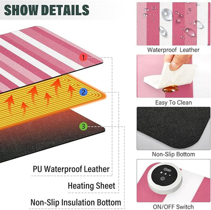 Heated Desk Pad Mouse Pad 31.5x13 Inch PU Leather Desk Mat with 3 Heat Levels Large Mouse Gaming Computer Laptop Mat Pink and White Stripes
