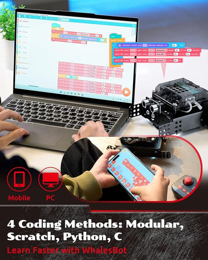 WhalesBot Rocky Smart Robot Car Coding & Remote Control Kit for Kids 8-16, STEM, Modular/Scratch/Python/C Programming, Educational Engineering Science Toy Set