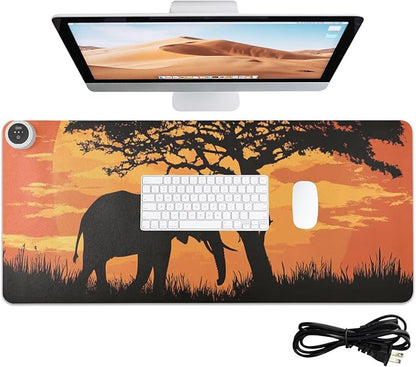 Heated Desk Pad Mouse Pad 31.5x13 Inch PU Leather Desk Mat with 3 Heat Levels Large Mouse Gaming Computer Laptop Mat Elephant Silhouette Sunset Red