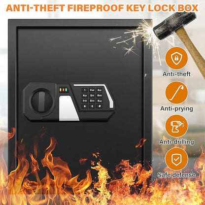 71 Keys Fireproof Key Lock Box, Anti-Theft Key Box Wall Mount with Adjustable Hook Plates, Key Tags and Side Opening, Key Safe Key Cabinet Key Organizer for Home Office Garage Rental Business