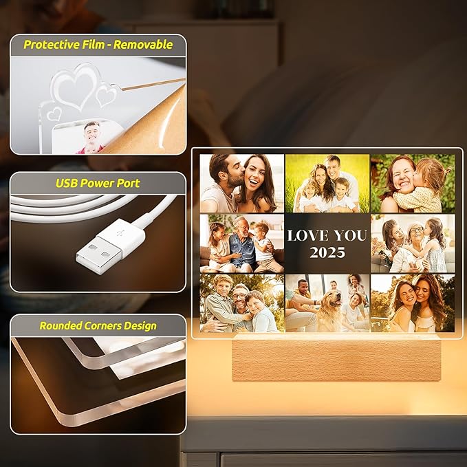 Custom Picture Frames with Photo, Personalized Photo Frame with Night Light, Customized Picture Frame, Personalized Anniversary Birthday Gifts for Women Men Mom Dad Grandma Grandpa Kids Family Friend