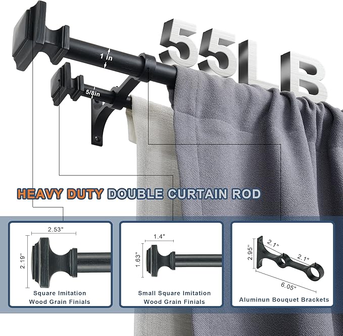 Double Wood Curtain Rods for Windows 36 to 72 Inches,1 Inch Decorative Wooden Curtain Rod with Square Imitation Wood Grain Finials and Double Aluminum Bouquet Bracket, Antique Black