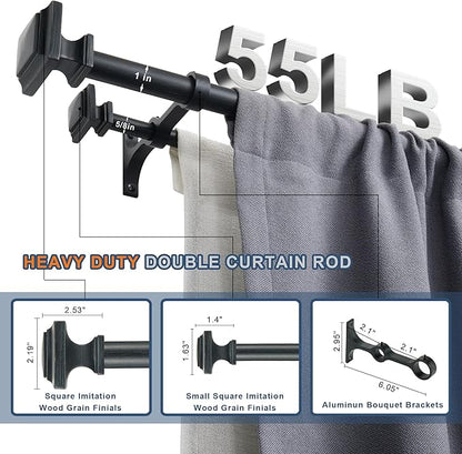 Double Wood Curtain Rods for Windows 36 to 72 Inches,1 Inch Decorative Wooden Curtain Rod with Square Imitation Wood Grain Finials and Double Aluminum Bouquet Bracket, Antique Black