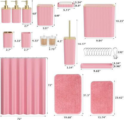 Bathroom Accessory Set - Bathroom Set, 27PC Bathroom Accessories Set, Pink Bathroom Sets with Shower Curtain and Rugs, Mini Trash Can, Toilet Brush, Trash Can & Soap Dispenser