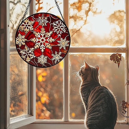Stained Glass Window Hanging 4 Pcs Set Red Christmas Elk Snowflakes 9.8" - Deer Suncatcher Door Garden Sun Catcher Decor Birthday for Mom Woman Nana Men Friend