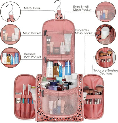Narwey Hanging Cheetah Toiletry Bag for Women Travel Makeup Bag Organizer Toiletries Bag for Cosmetics Essentials Accessories (Large, Orange Leopard)