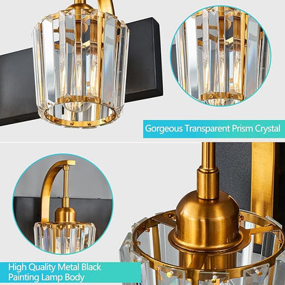 Modern Bathroom Vanity Light, 2-Light Black Gold Wall Sconce with Crystal Accents, Over Mirror Bathroom Lighting Fixture, 13.77" Long Dimmable Vanity Lamp for Makeup, Easy Installation