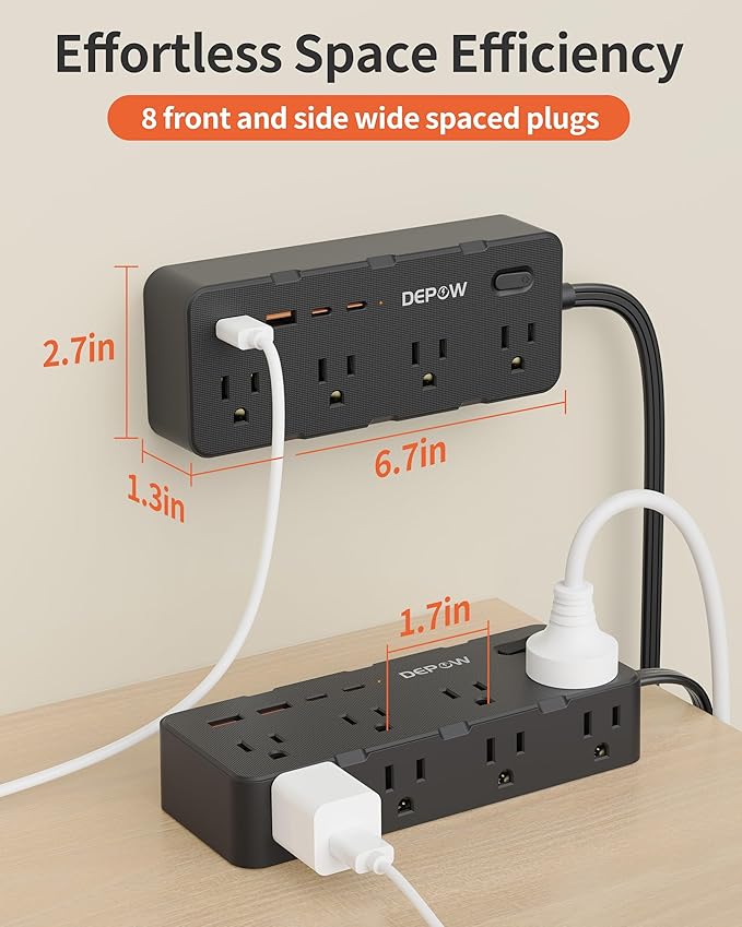 Power Strips with Surge Protection, 5FT Extension Cord with Multiple Outlets-8 AC Outlets 4 USB Ports (2 USB C), Flag Plug, 1700 Joule Surge Protector for Home Office, Black