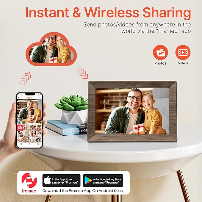Frameo 10.1" Digital Picture Frame with 32GB Memory Wood WiFi Electronic Photo Frame 1280 x 800 IPS Touch Screen Auto-Rotate Slideshow Wall Mountable Share Photos/Video Remotely Anywhere