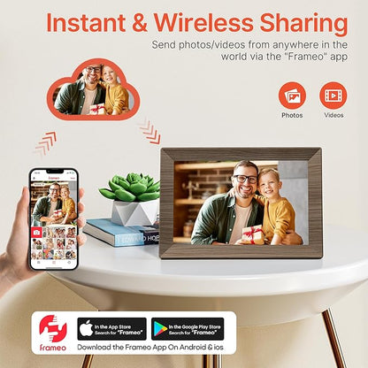 Frameo 10.1" Digital Picture Frame with 32GB Memory Wood WiFi Electronic Photo Frame 1280 x 800 IPS Touch Screen Auto-Rotate Slideshow Wall Mountable Share Photos/Video Remotely Anywhere
