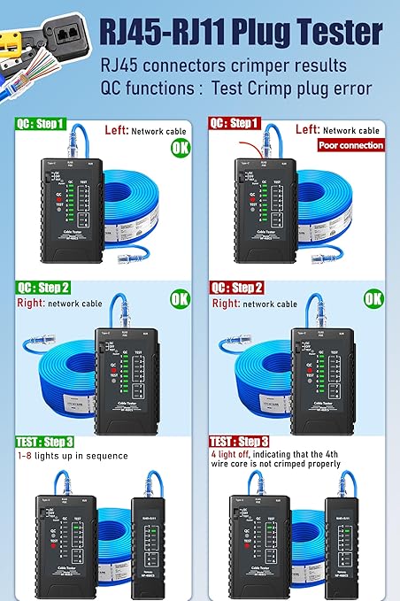 NF-468CS Network Cable Tester - Ethernet Tester, Cable Mapper with Continuity Test, Suitable for RJ45/RJ11/RJ12/POE/CAT3/CAT5/CAT5E/CAT6/CAT6A, UTP/STP, LAN and Telephone Line Testing Tool