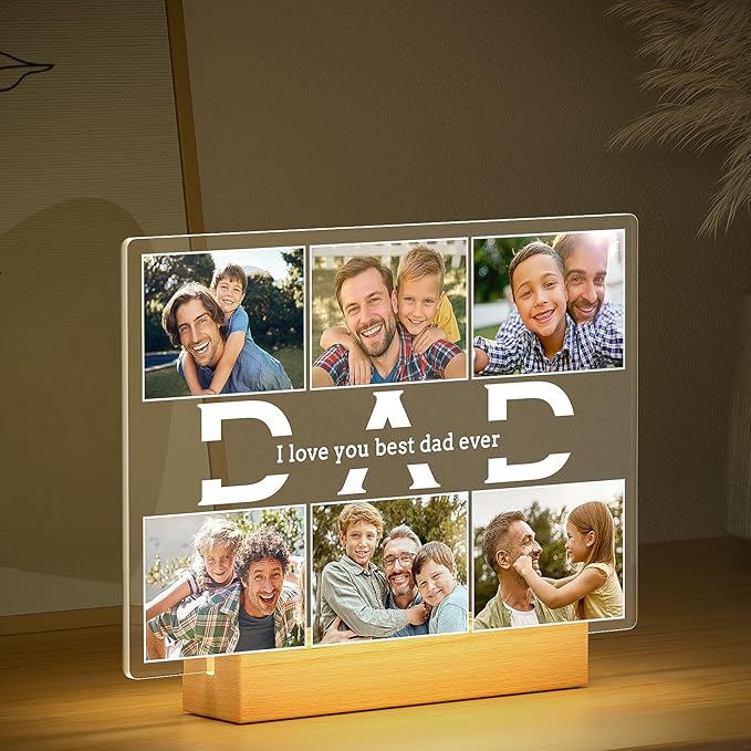 Personalized Birthday Gifts for Dad from Daughter Son, Custom Picture Frames with Photos, Customized Photo Frame with Night Light, Personalized Gifts for Dad Baby Kid Family