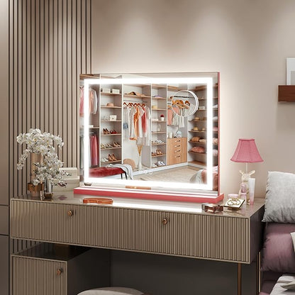 FENNIO Vanity Mirror with Lights 23"x18", Lighted Makeup Mirror, Large Vanity Mirror, Touch Sensor with 3-Color Lighting, 10X Magnification and USB Charging Port for Vanity Desk（Square Pink）