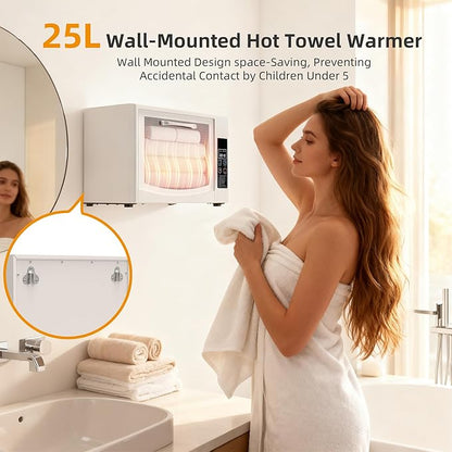 SIXRARI 25L Hot Towel Warmer Cabinet, Wall-Mounted Towel Warmers, Rapid Heating(20/40/60 min), LED Display, Smart Timed Towel Heater for Bathroom, Fits Up to 2 Large Towels, Blankets or Robes(White)
