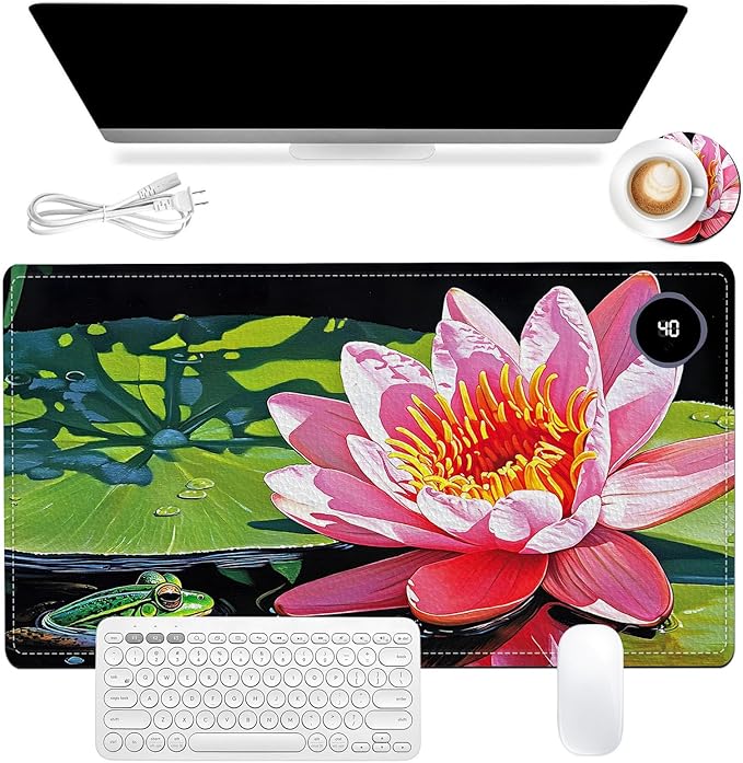 Heated Mouse Pad, Warm Desk Pad, Keyboard Mat 23.6 x 14 Inch Large Size Intelligent Fast Heating, 3 Speed Adjustable, Timed Auto Power Off for Game Office Home, Lotus Flower